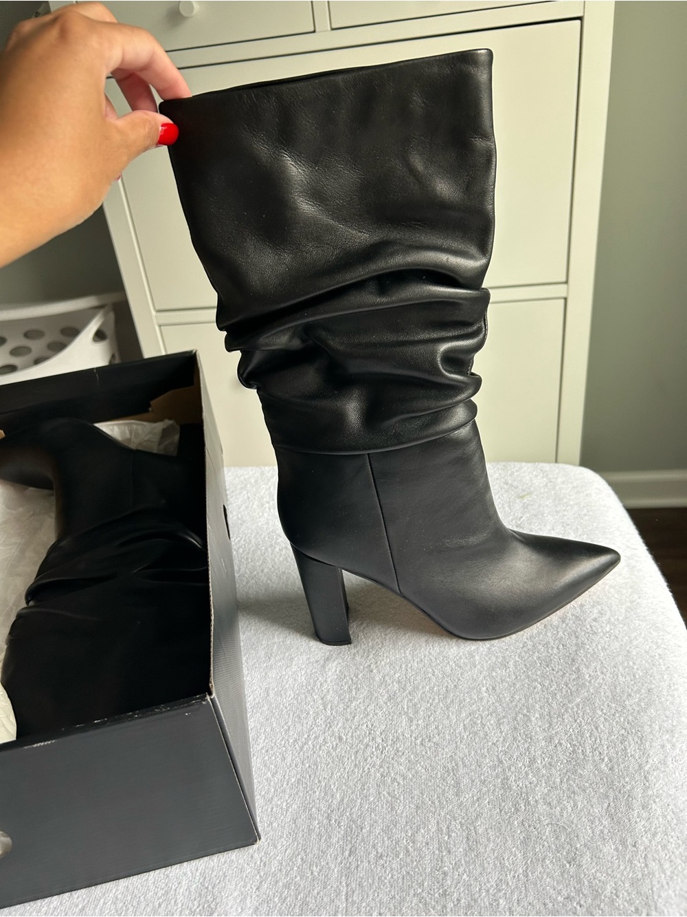 Marc Fisher Black Slouchy Pointed-Toe Mid-Calf Heeled Boots